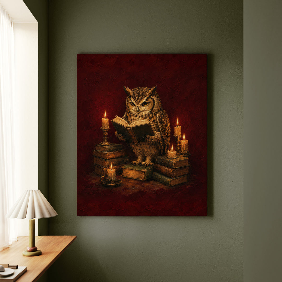 Candlelight Scholar – Dark Academia Decor with an Owl and Dripping Wax – Canvas Wall Art