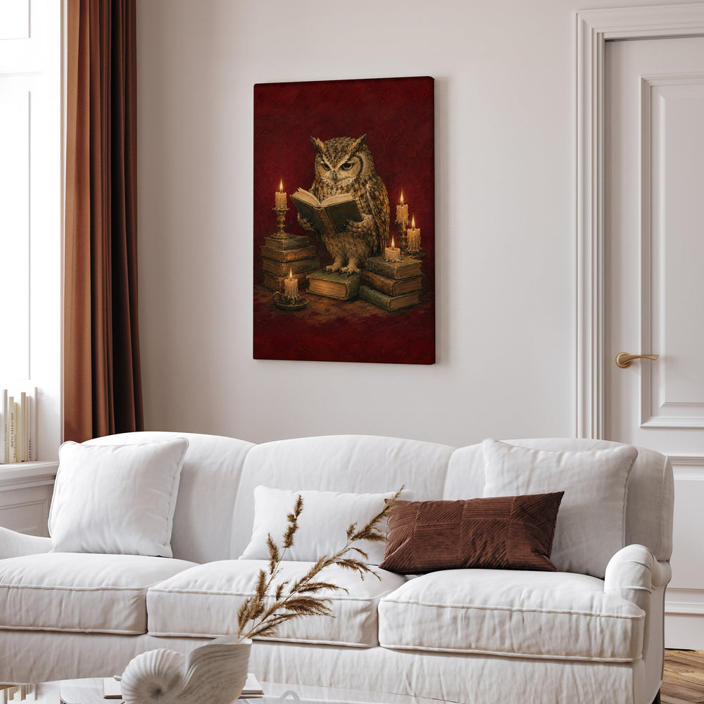 Candlelight Scholar – Dark Academia Decor with an Owl and Dripping Wax – Canvas Wall Art