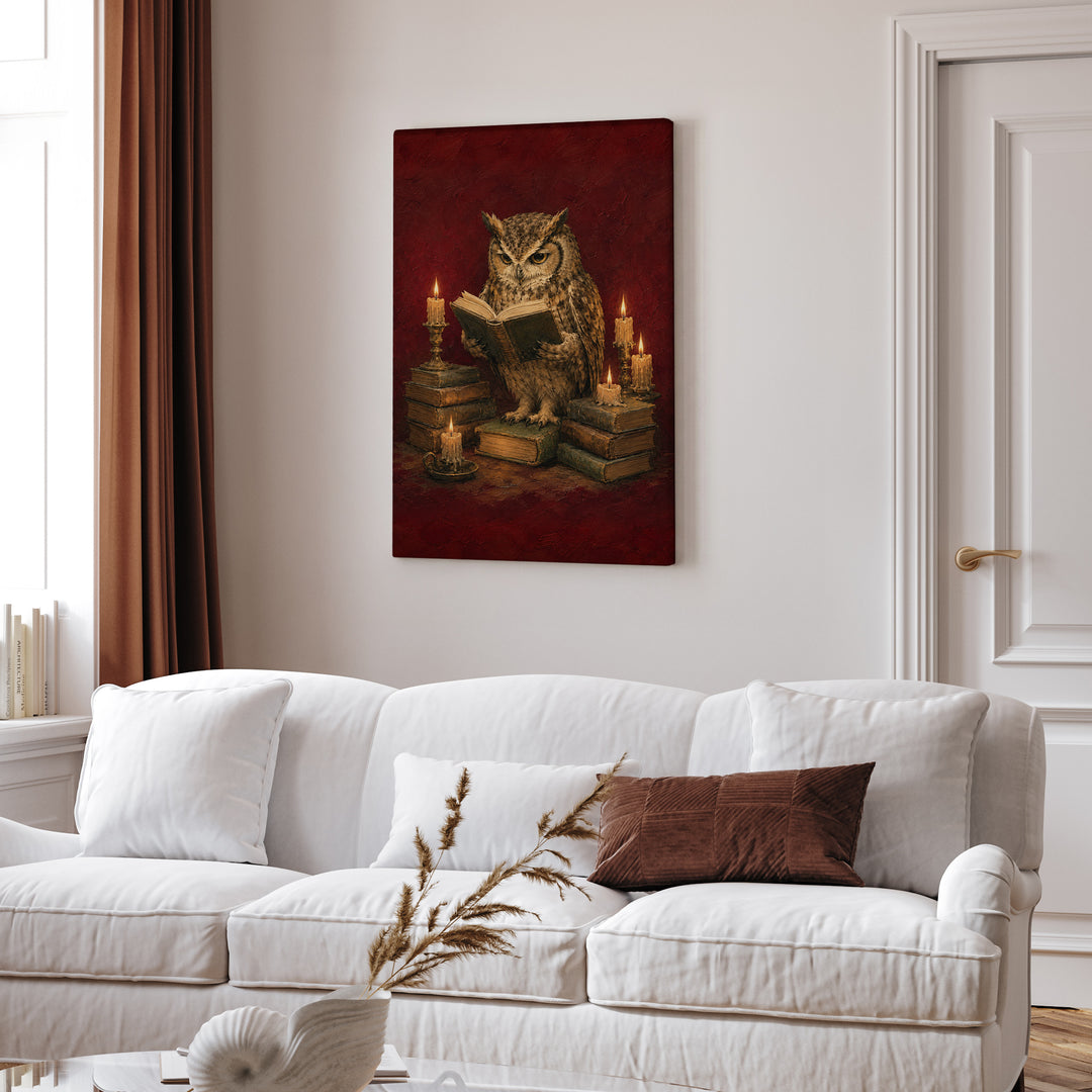 Candlelight Scholar – Dark Academia Decor with an Owl and Dripping Wax – Canvas Wall Art