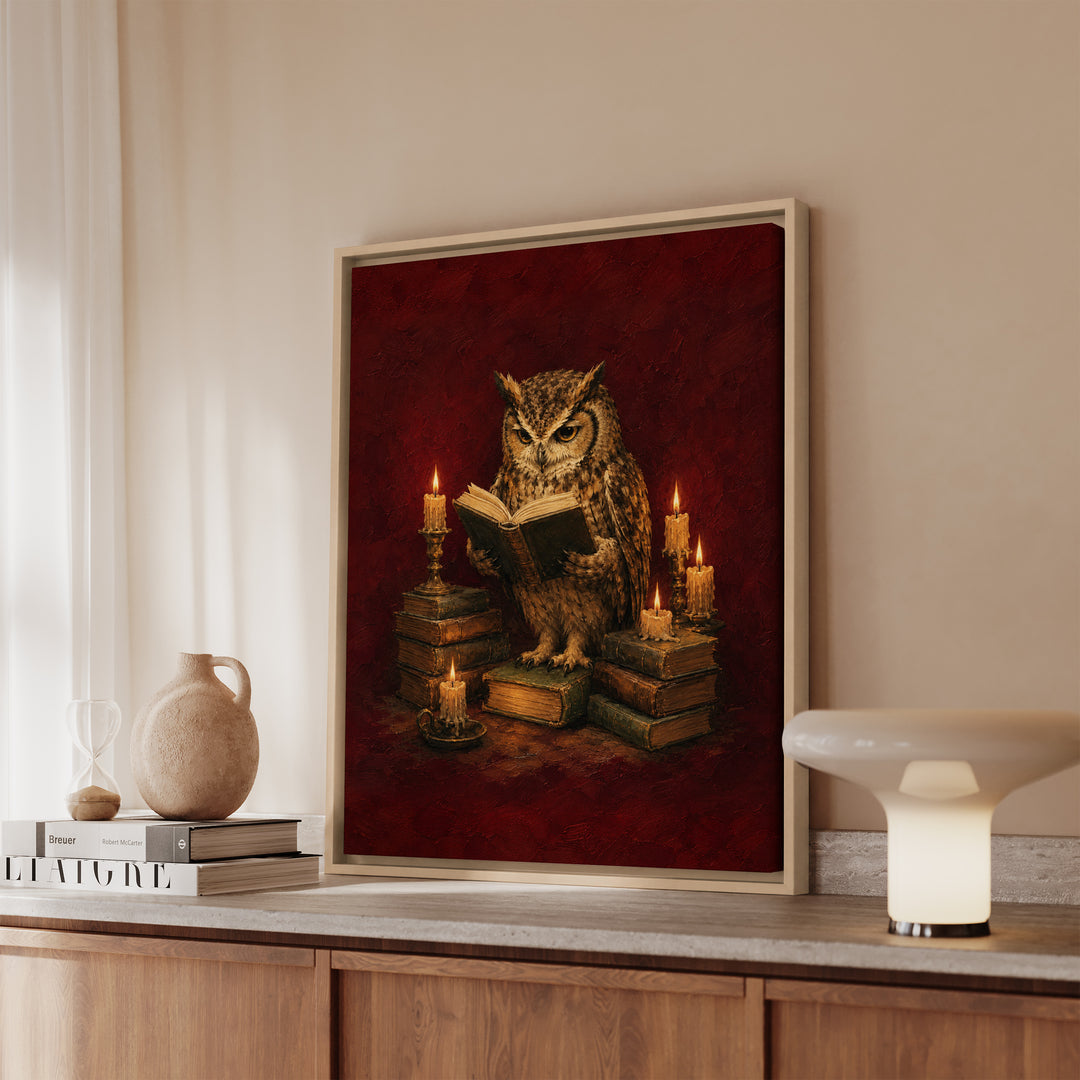 Candlelight Scholar – Dark Academia Decor with an Owl and Dripping Wax – Framed Canvas Wall Art