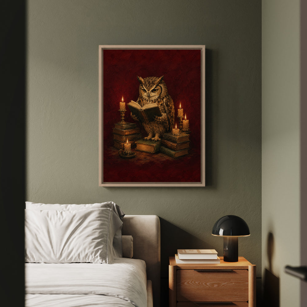 Candlelight Scholar – Dark Academia Decor with an Owl and Dripping Wax – Framed Canvas Wall Art