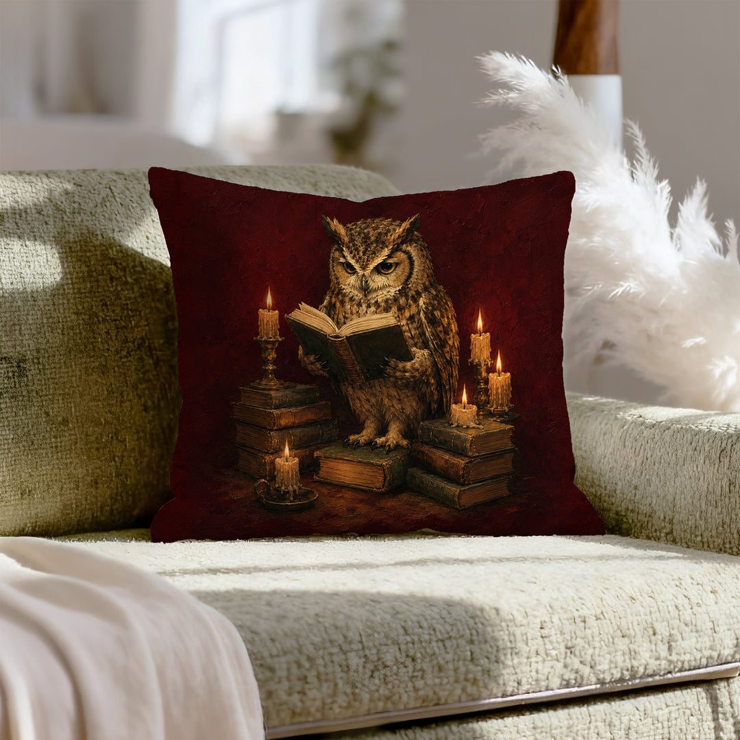 Candlelight Scholar – Dark Academia Decor with an Owl and Dripping Wax – Pillow Cover