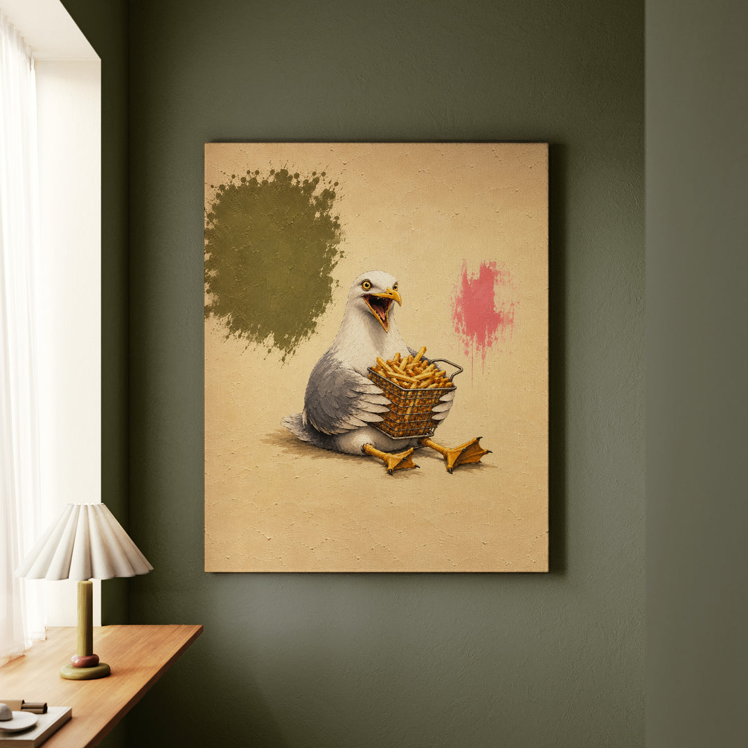 Chip Thief – Funny Animal Art with a Seagull and a Fry Basket – Canvas Wall Art