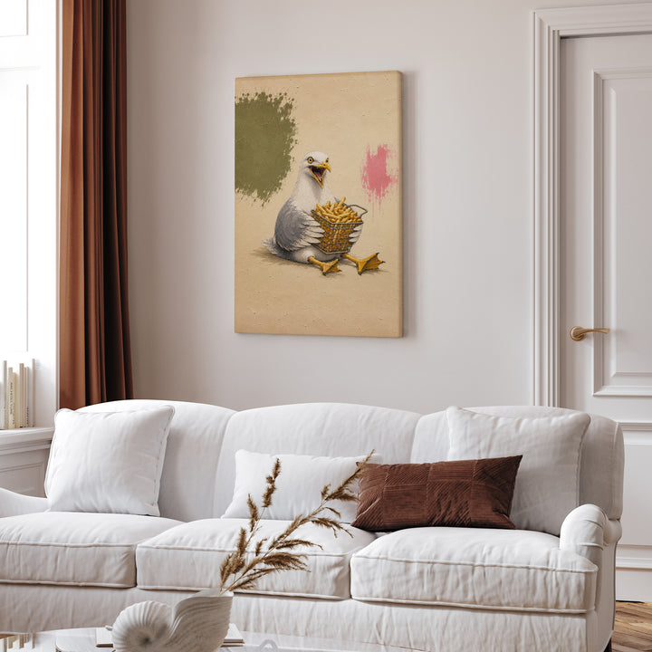 Chip Thief – Funny Animal Art with a Seagull and a Fry Basket – Canvas / Framed Canvas