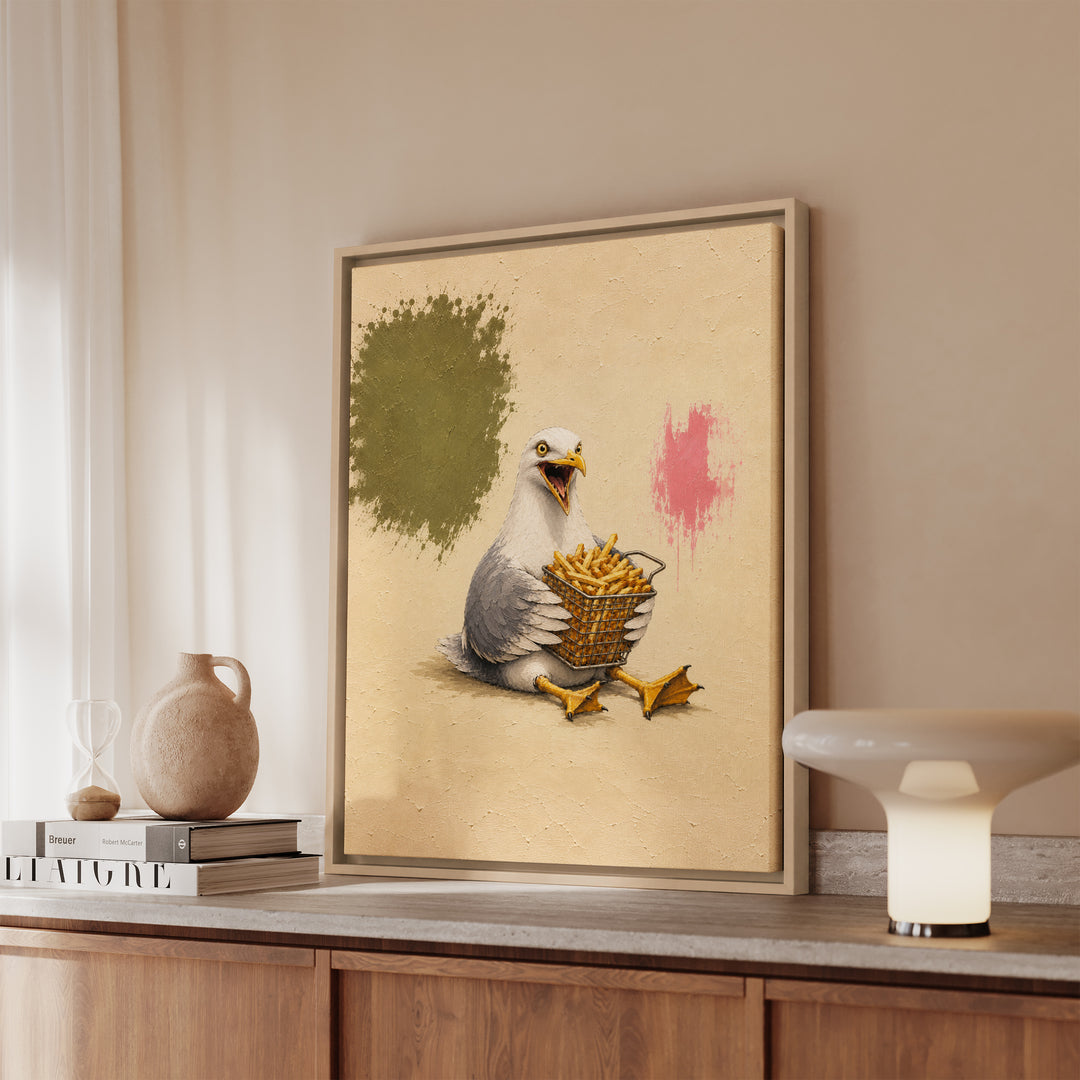 Chip Thief – Funny Animal Art with a Seagull and a Fry Basket – Framed Canvas Wall Art