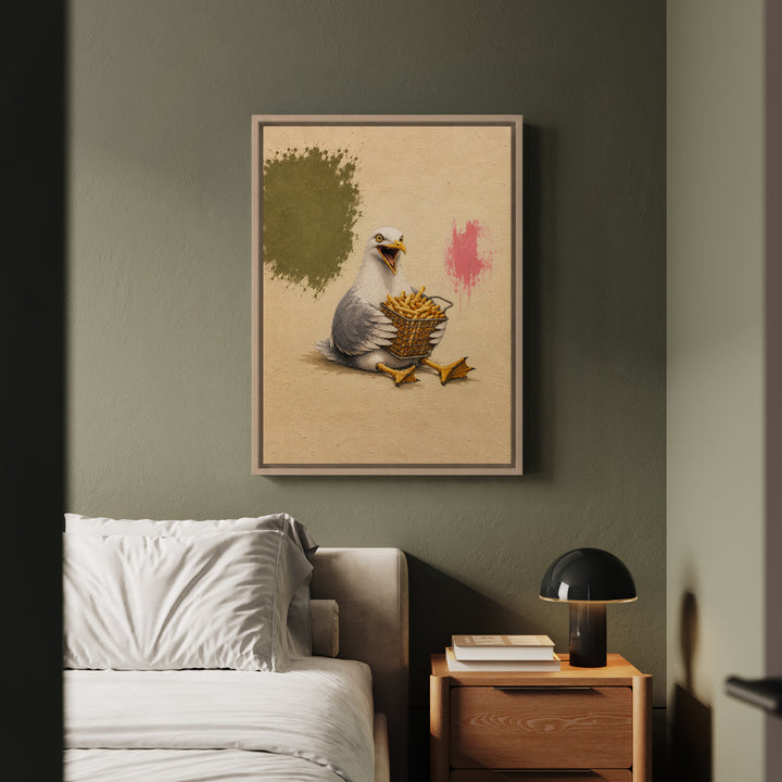 Chip Thief – Funny Animal Art with a Seagull and a Fry Basket – Canvas / Framed Canvas