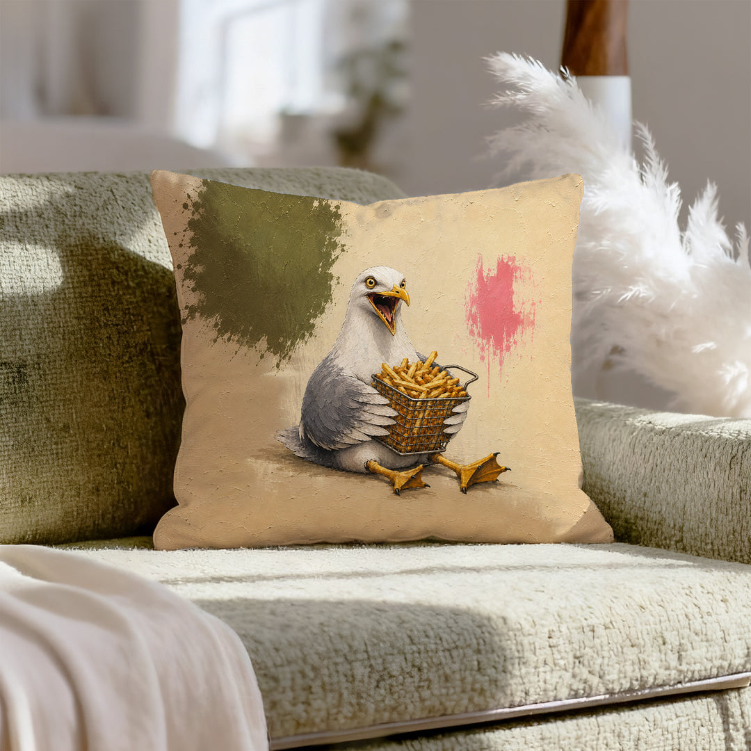 Chip Thief – Funny Animal Decor with a Seagull and a Fry Basket – Throw Pillow