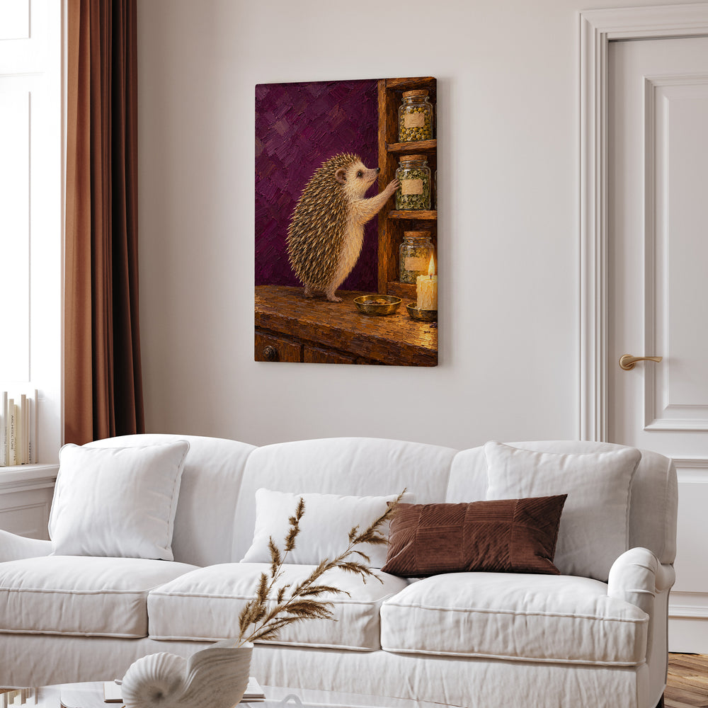 Herbal Apothecary – Witchy Wall Decor with a Hedgehog and Herb Jars – Canvas Wall Art