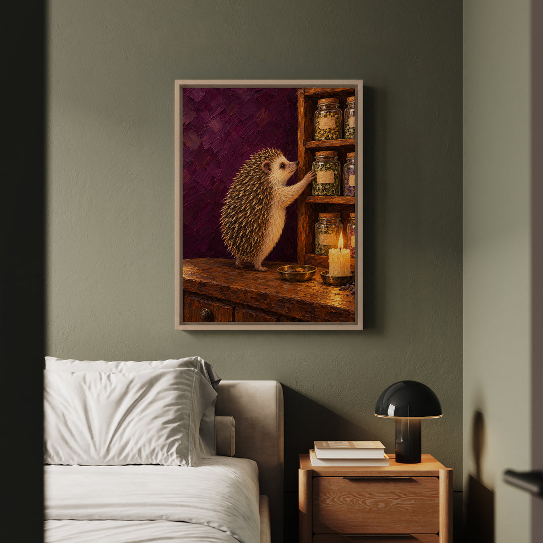 Herbal Apothecary – Witchy Wall Decor with a Hedgehog and Herb Jars – Framed Canvas Wall Art