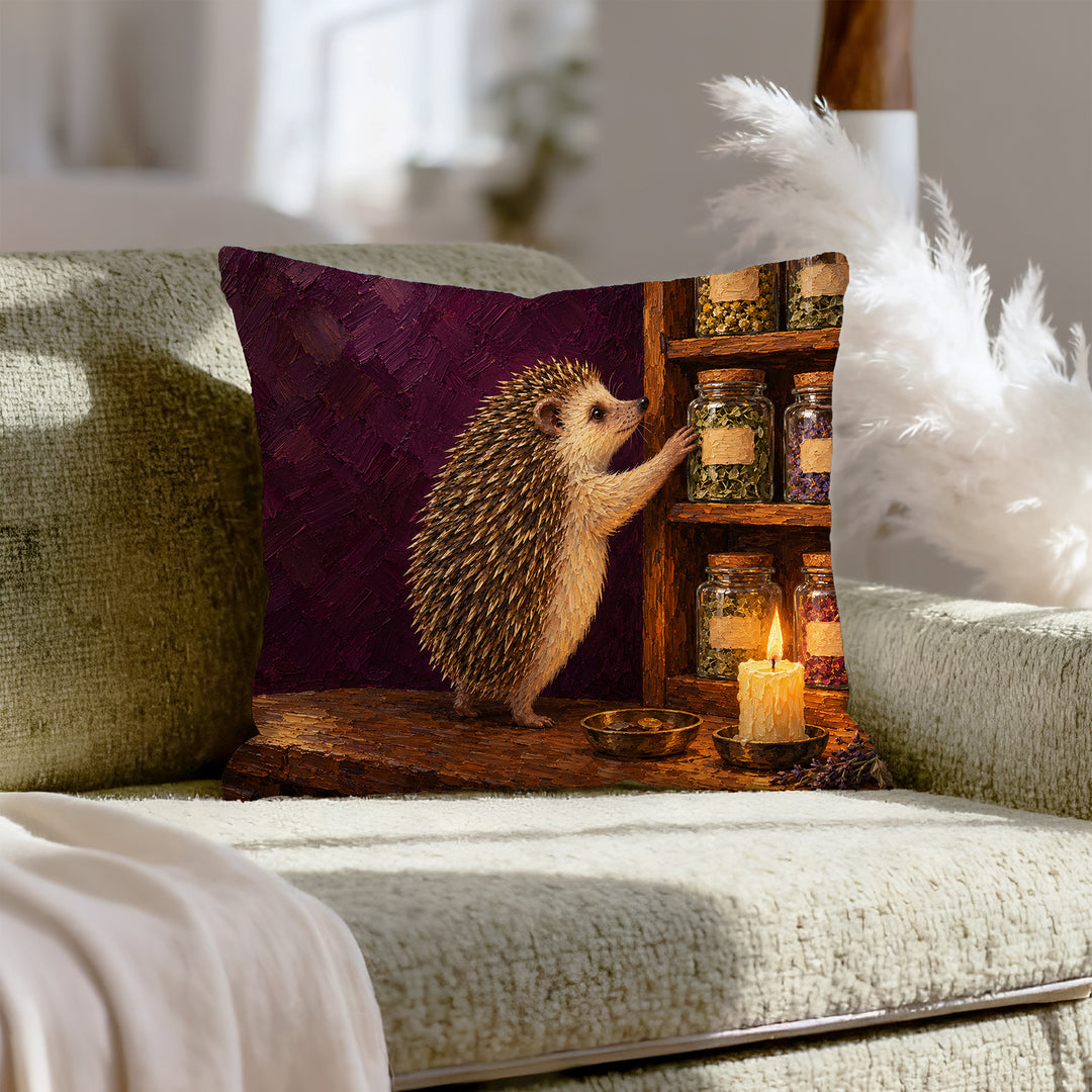 Herbal Apothecary – Witchy Wall Decor with a Hedgehog and Herb Jars – Pillow / Cover