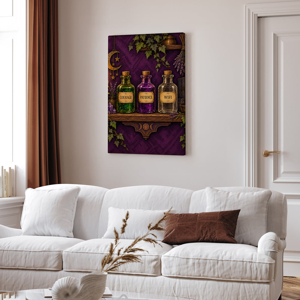 The Potion Shelf – Witchy Wall Art with Labeled Apothecary Bottles – Canvas Wall Art