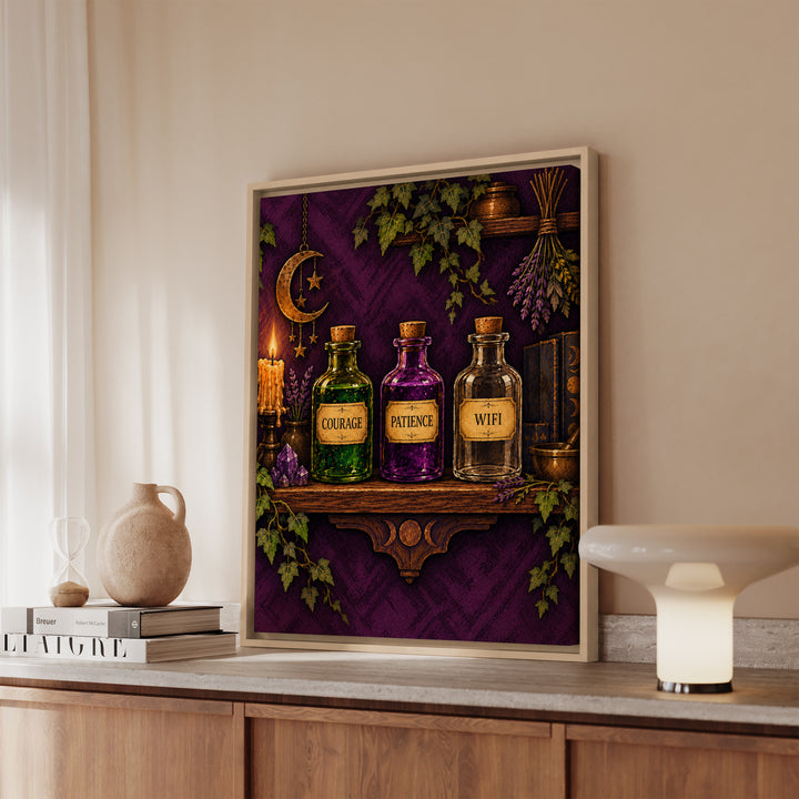 The Potion Shelf – Witchy Wall Art with Labeled Apothecary Bottles – Canvas / Framed Canvas