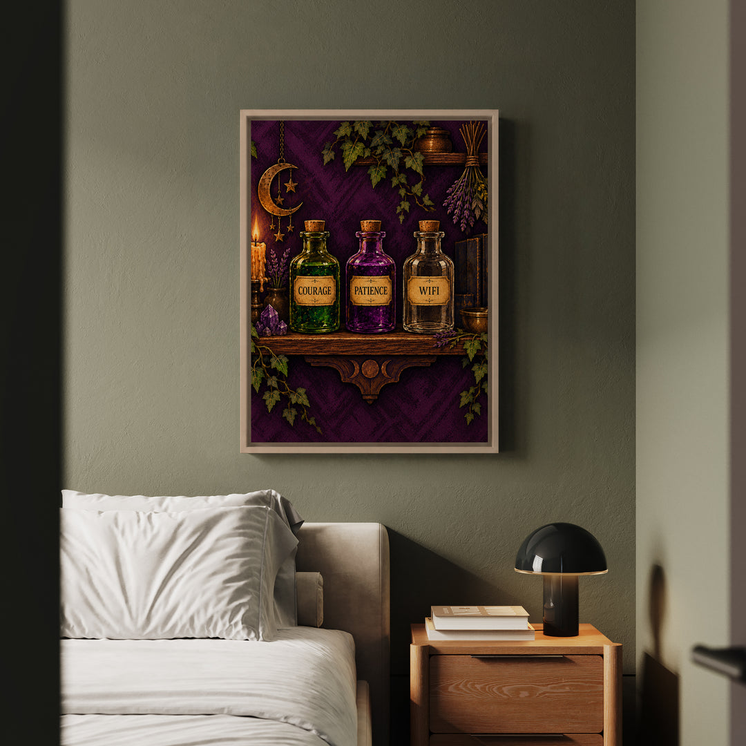 The Potion Shelf – Witchy Wall Art with Labeled Apothecary Bottles – Framed Canvas Wall Art