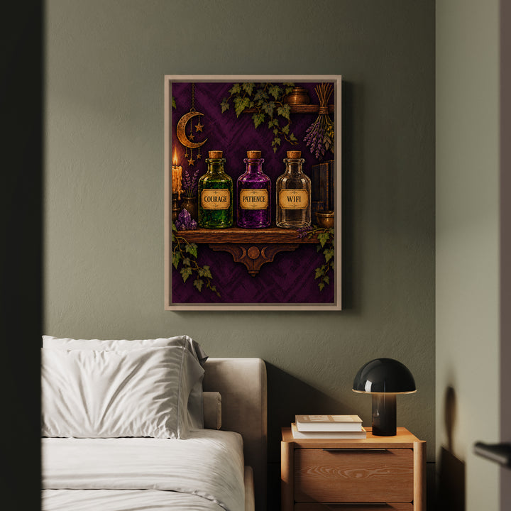 The Potion Shelf – Witchy Wall Art with Labeled Apothecary Bottles – Framed Canvas Wall Art