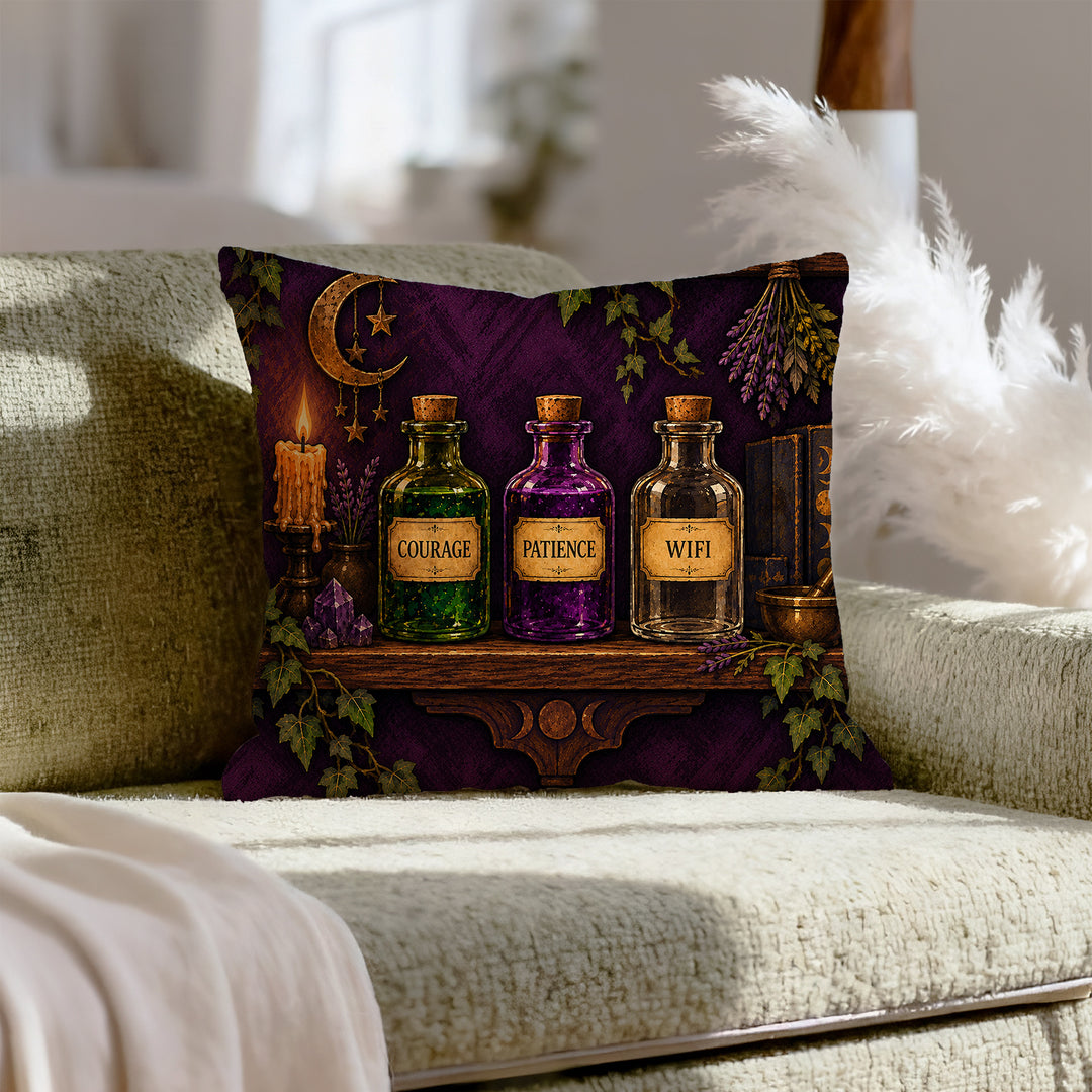 The Potion Shelf – Witchy Decor with Labeled Apothecary Bottles – Throw Pillow