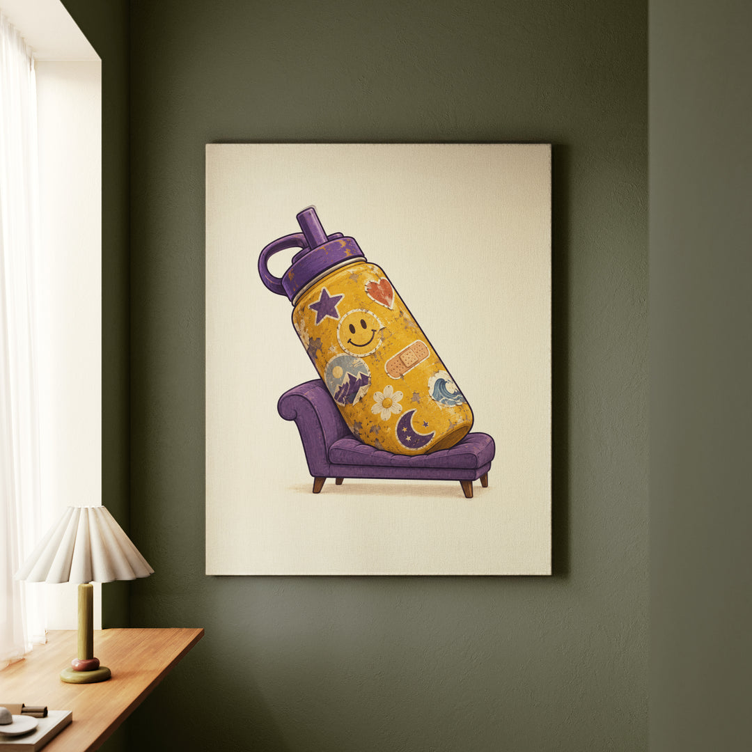 Emotional Support Water Bottle – Funny Wall Art with a Giant Flask on a Therapy Couch – Canvas Wall Art