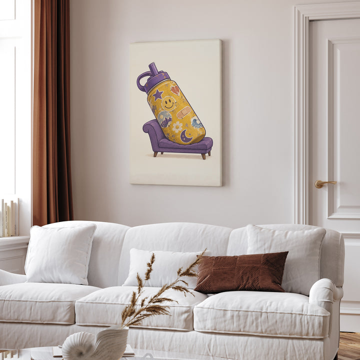 Emotional Support Water Bottle – Funny Wall Art with a Giant Flask on a Therapy Couch – Canvas / Framed Canvas
