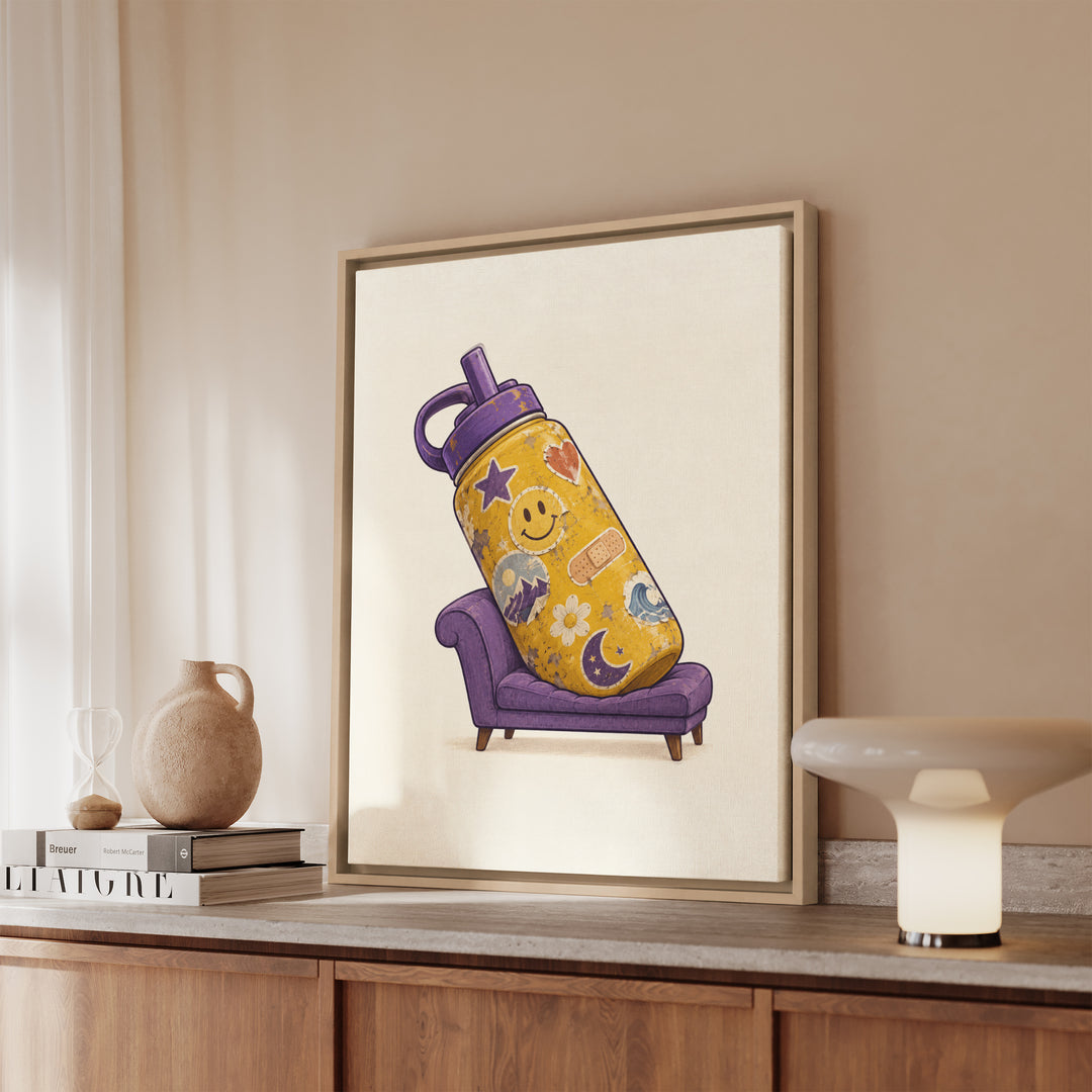 Emotional Support Water Bottle – Funny Wall Art with a Giant Flask on a Therapy Couch – Canvas / Framed Canvas