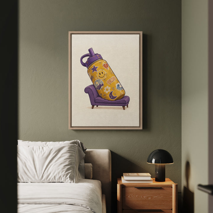 Emotional Support Water Bottle – Funny Wall Art with a Giant Flask on a Therapy Couch – Canvas / Framed Canvas