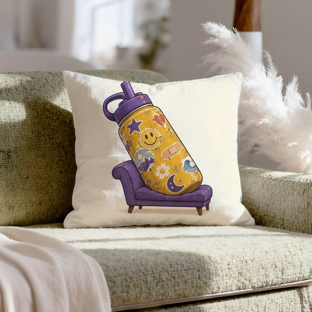 Emotional Support Water Bottle – Funny Wall Art with a Giant Flask on a Therapy Couch – Pillow / Cover