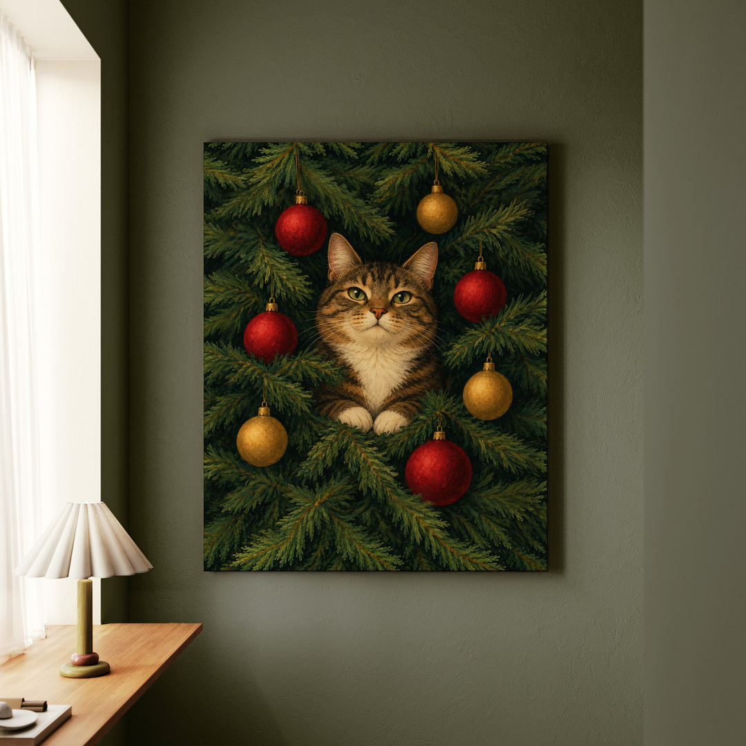 The Tree Inspector – Christmas Wall Art with a Cat Deep in the Branches – Canvas Wall Art