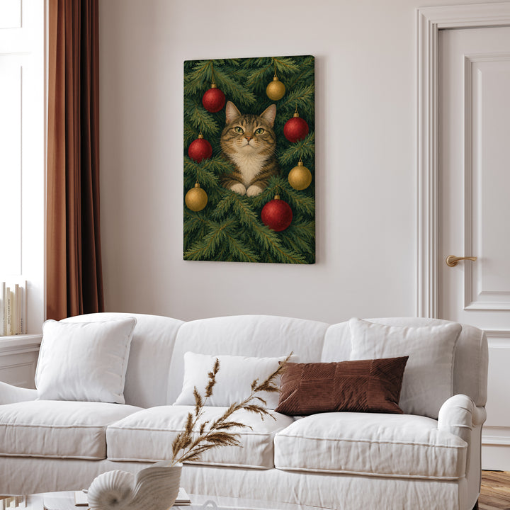 The Tree Inspector – Christmas Wall Art with a Cat Deep in the Branches – Canvas Wall Art