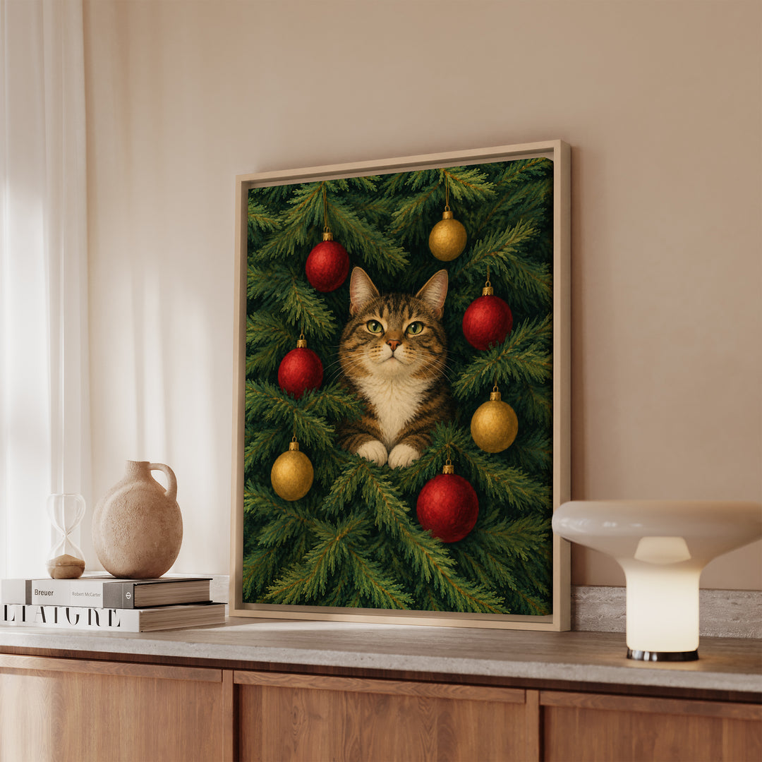 The Tree Inspector – Christmas Wall Art with a Cat Deep in the Branches – Canvas / Framed Canvas