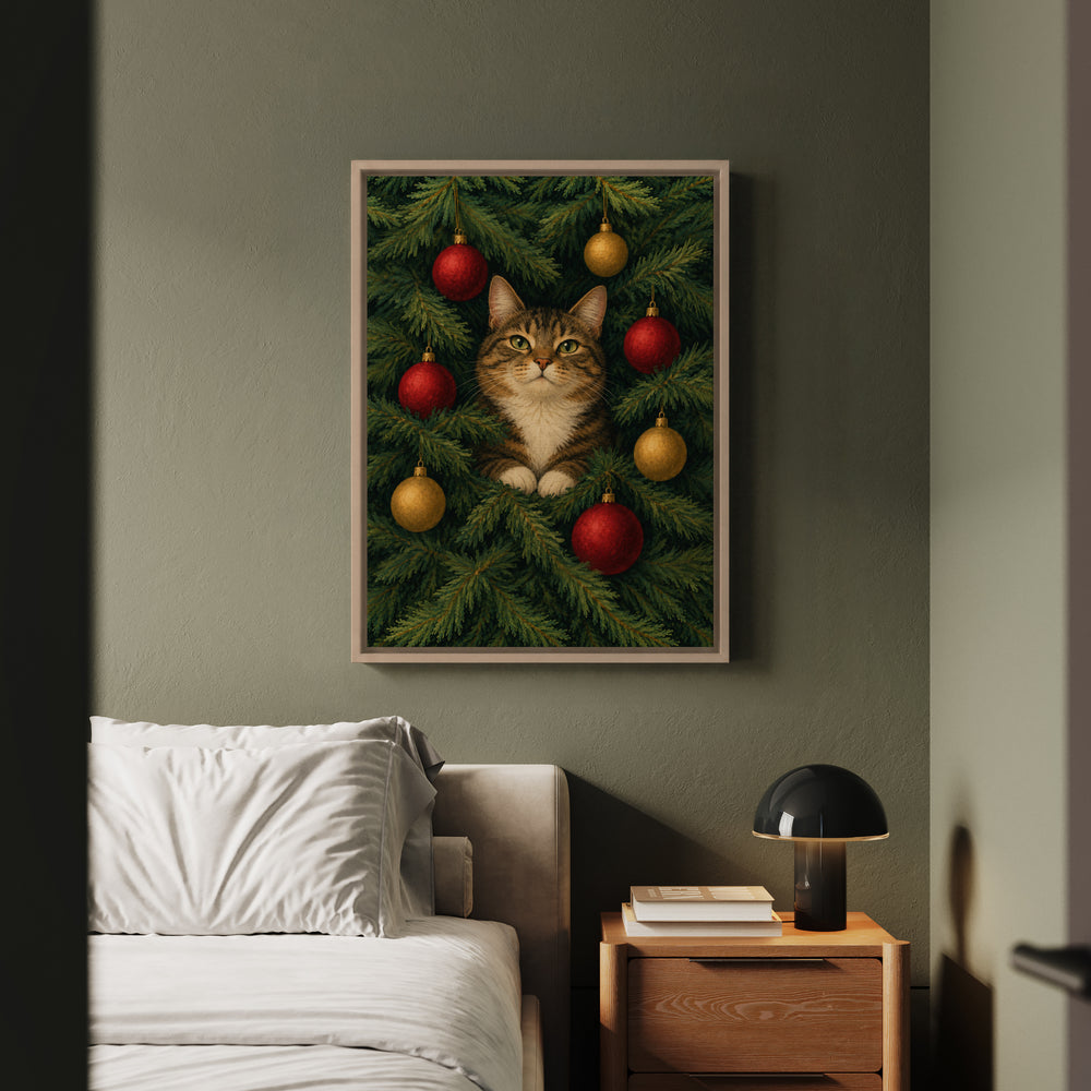 The Tree Inspector – Christmas Wall Art with a Cat Deep in the Branches – Framed Canvas Wall Art