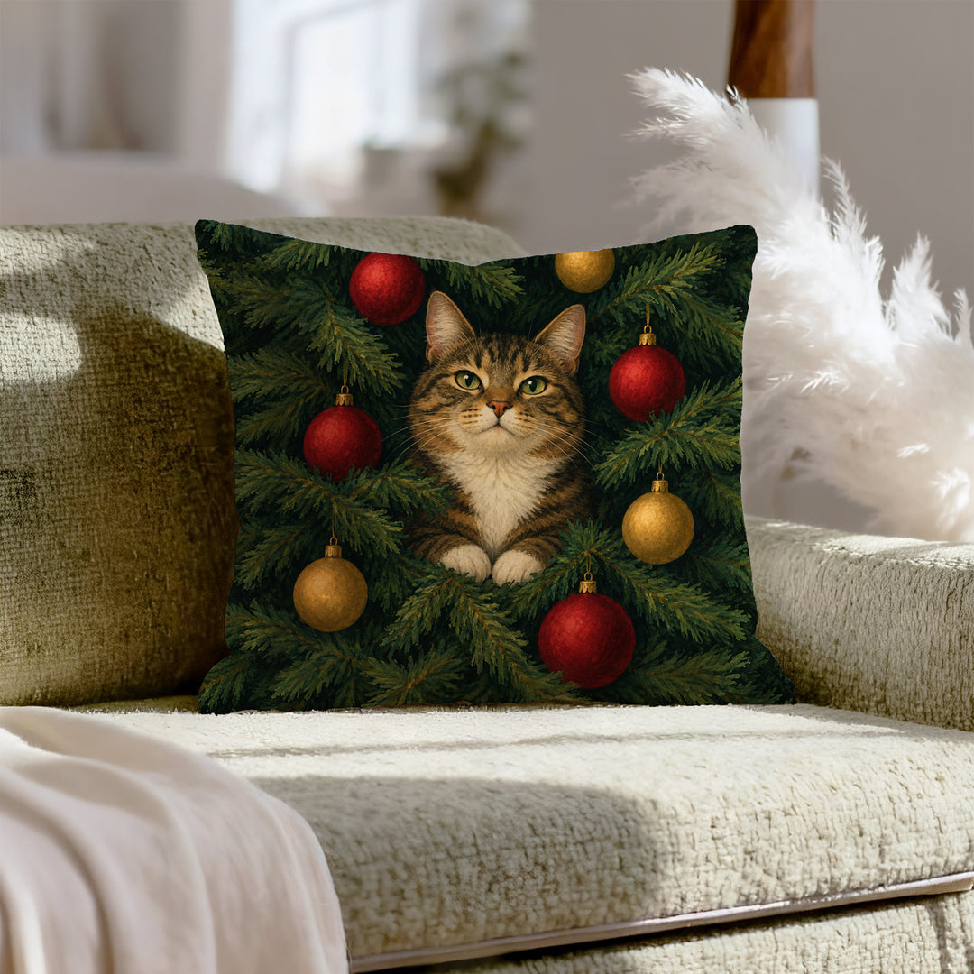 The Tree Inspector – Christmas Decor with a Cat Deep in the Branches – Throw Pillow
