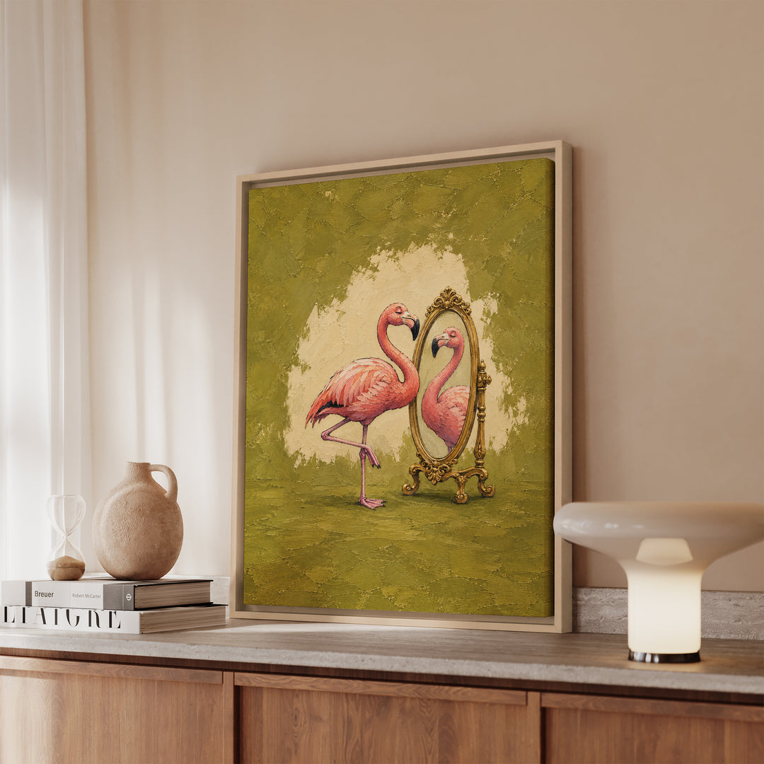 Flamingo Standards – Funny Bathroom Art with a Gilded Mirror Inspection – Canvas / Framed Canvas