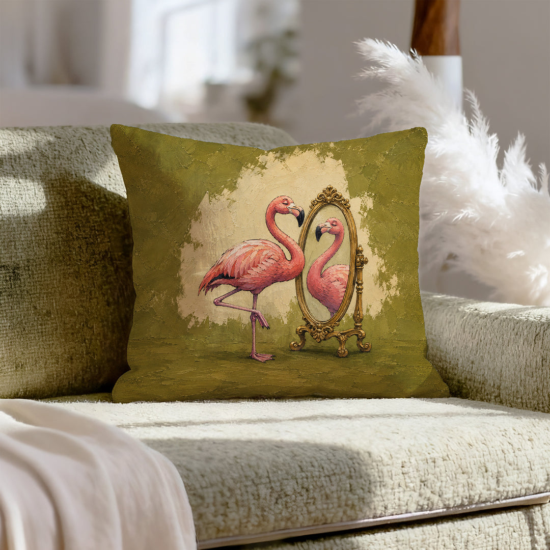 Flamingo Standards – Funny Bathroom Decor with a Gilded Mirror Inspection – Throw Pillow