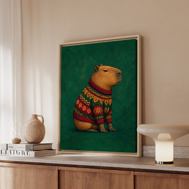 Sweater Committee – Capybara Wall Art with a Knitted Holiday Knit – Canvas / Framed Canvas