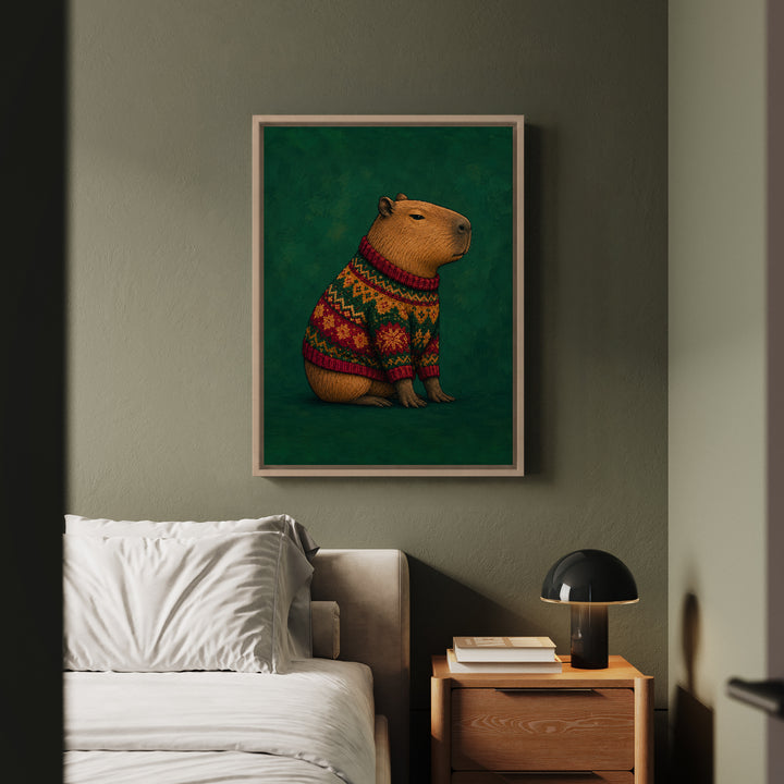 Sweater Committee – Capybara Wall Art with a Knitted Holiday Knit – Framed Canvas Wall Art
