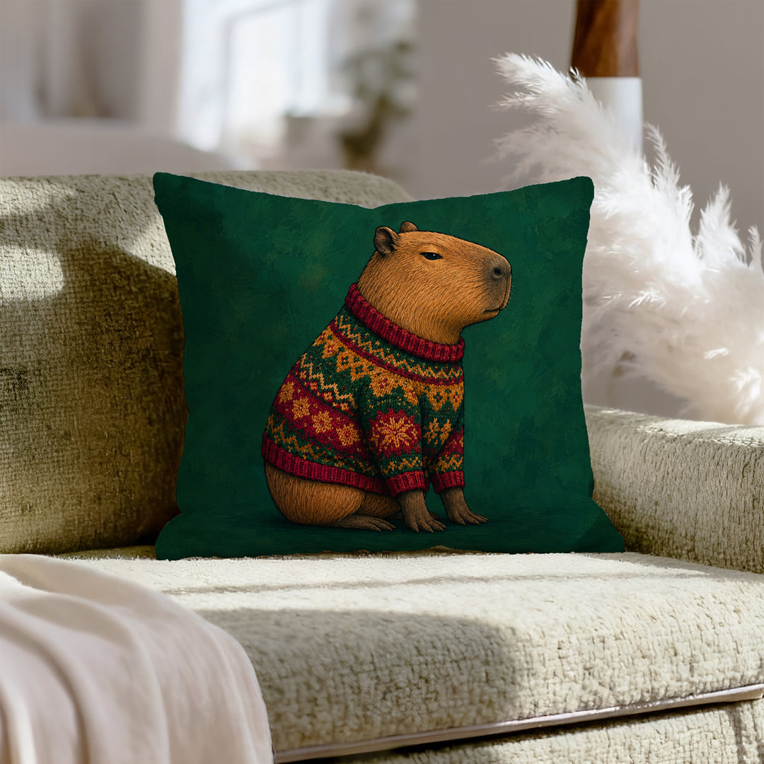Sweater Committee – Capybara Wall Art with a Knitted Holiday Knit – Pillow / Cover