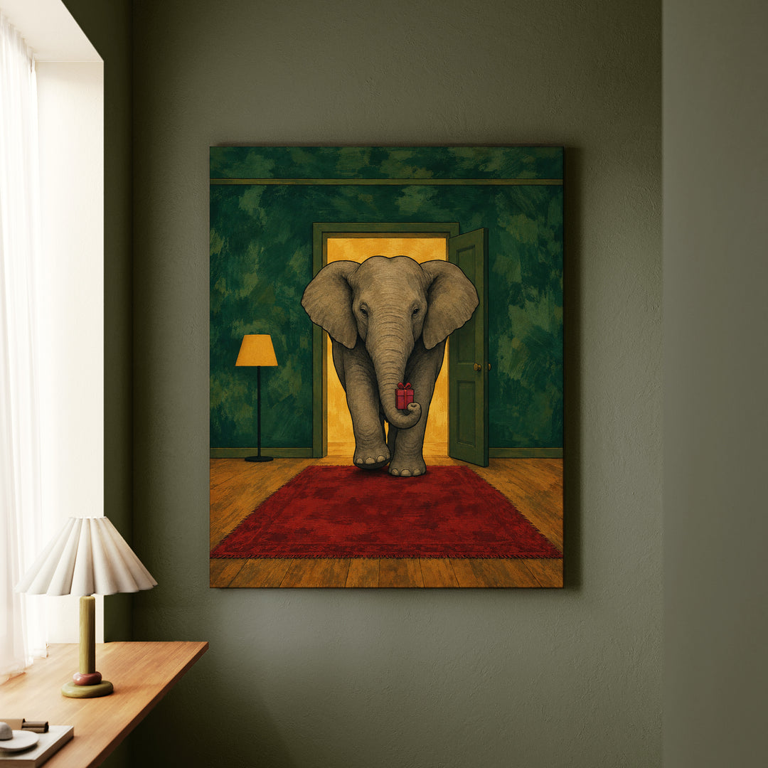 White Elephant, Literal – Christmas Wall Art with a Trunk and a Tiny Parcel – Canvas Wall Art