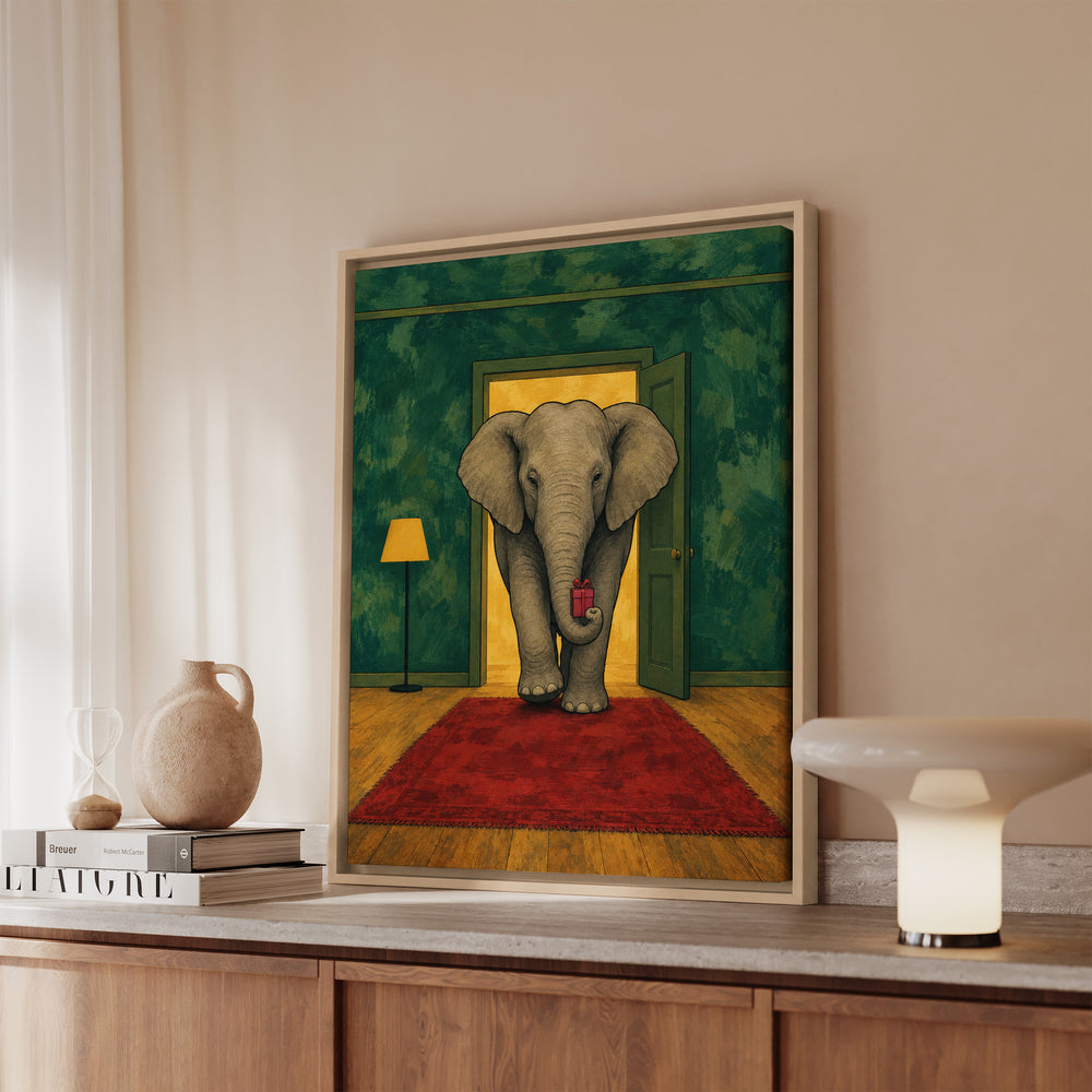 White Elephant, Literal – Christmas Wall Art with a Trunk and a Tiny Parcel – Canvas / Framed Canvas