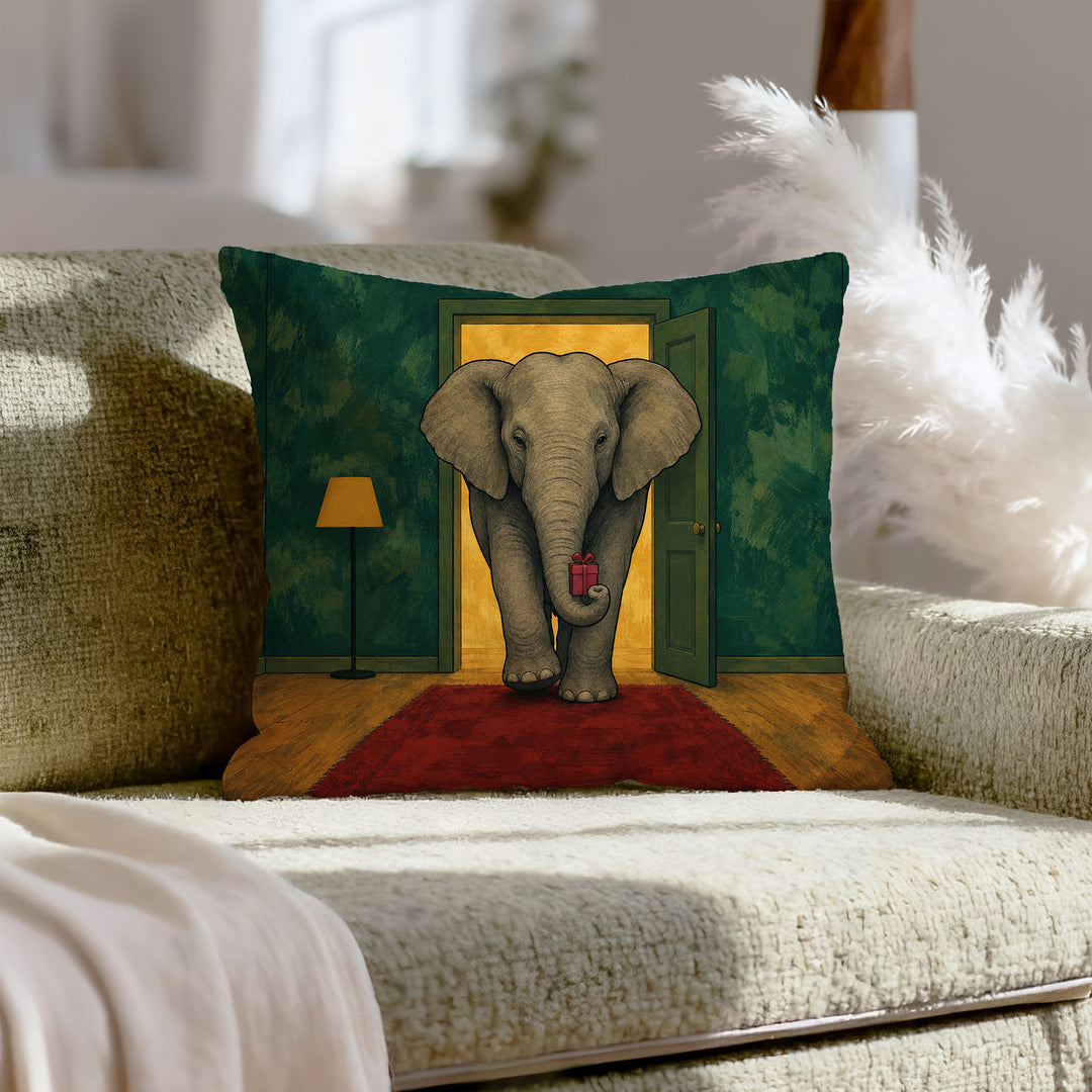 White Elephant, Literal – Christmas Decor with a Trunk and a Tiny Parcel – Pillow Cover