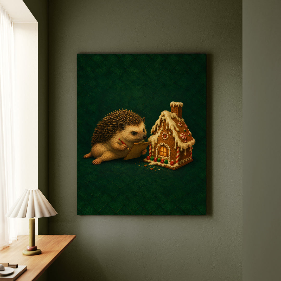 Gingerbread Building Inspector – Christmas Wall Art with a Clipboard at the Cookie House – Canvas Wall Art