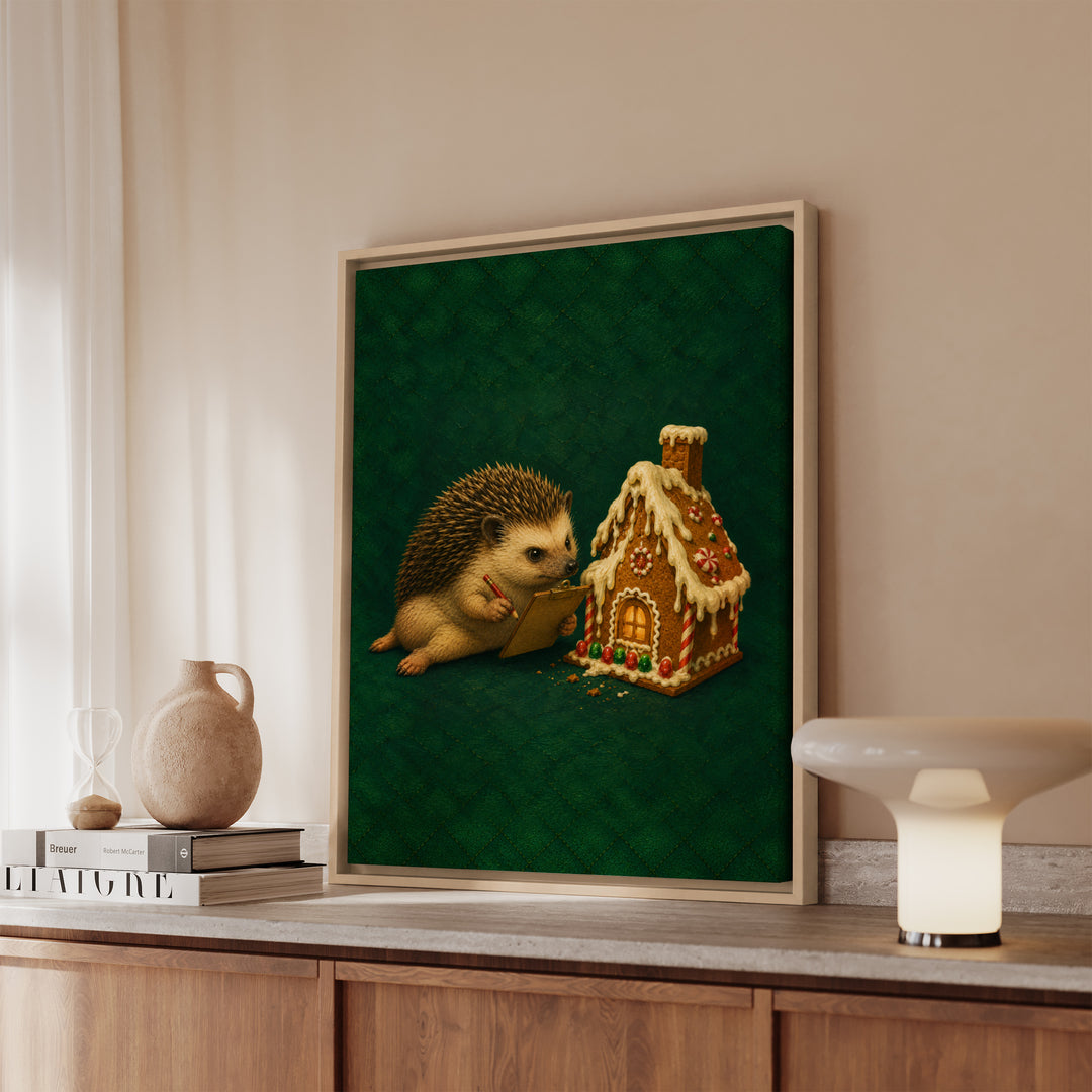 Gingerbread Building Inspector – Christmas Wall Art with a Clipboard at the Cookie House – Framed Canvas Wall Art