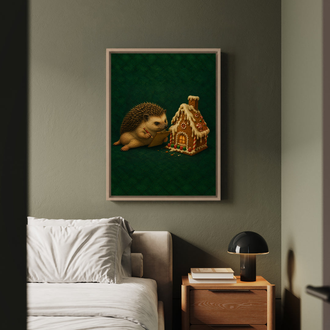 Gingerbread Building Inspector – Christmas Wall Art with a Clipboard at the Cookie House – Framed Canvas Wall Art