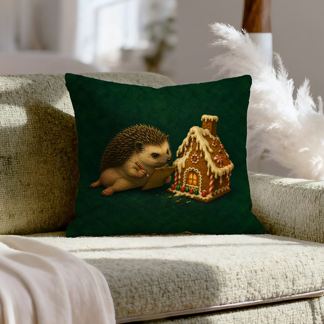 Gingerbread Building Inspector – Christmas Decor with a Clipboard at the Cookie House – Pillow Cover