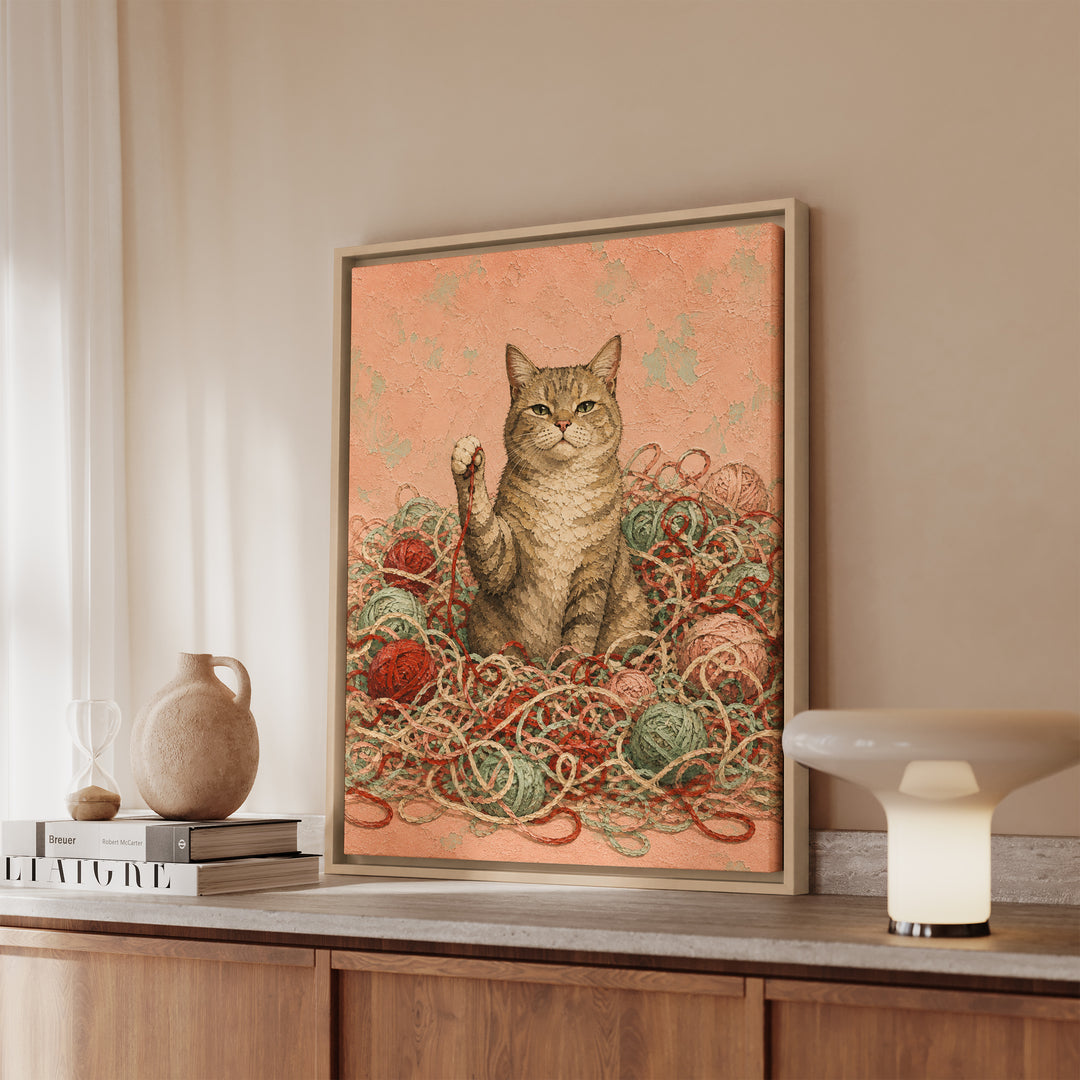 The Yarn Audit – Yarn Wall Art with a Cat in a Crochet Explosion – Framed Canvas Wall Art