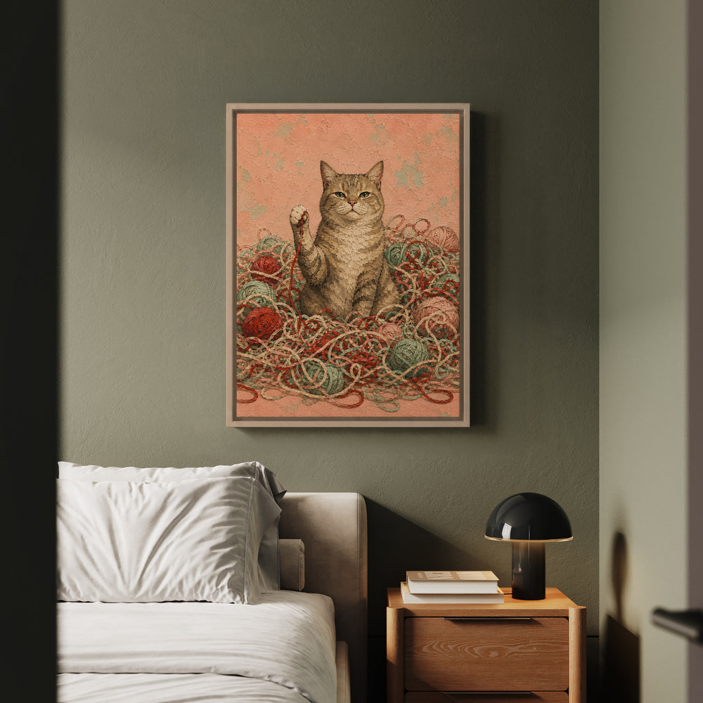 The Yarn Audit – Yarn Wall Art with a Cat in a Crochet Explosion – Framed Canvas Wall Art