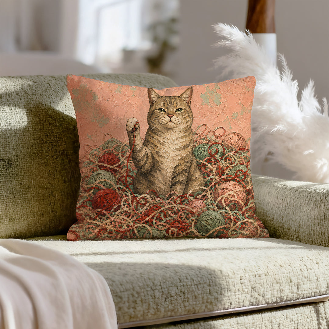 The Yarn Audit – Yarn Decor with a Cat in a Crochet Explosion – Throw Pillow