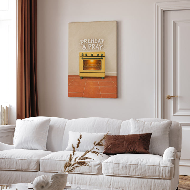 Preheat & Pray – Kitchen Wall Art with Flour Dusted Oven Lettering – Canvas Wall Art