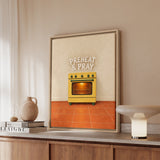 Preheat & Pray – Kitchen Wall Art with Flour Dusted Oven Lettering – Framed Canvas Wall Art