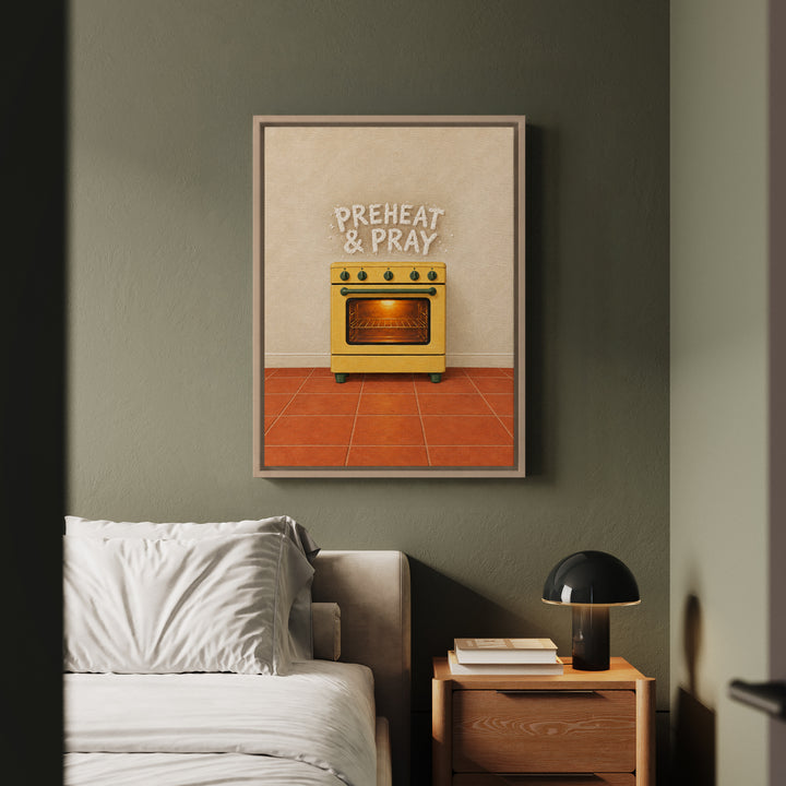 Preheat & Pray – Kitchen Wall Art with Flour Dusted Oven Lettering – Framed Canvas Wall Art