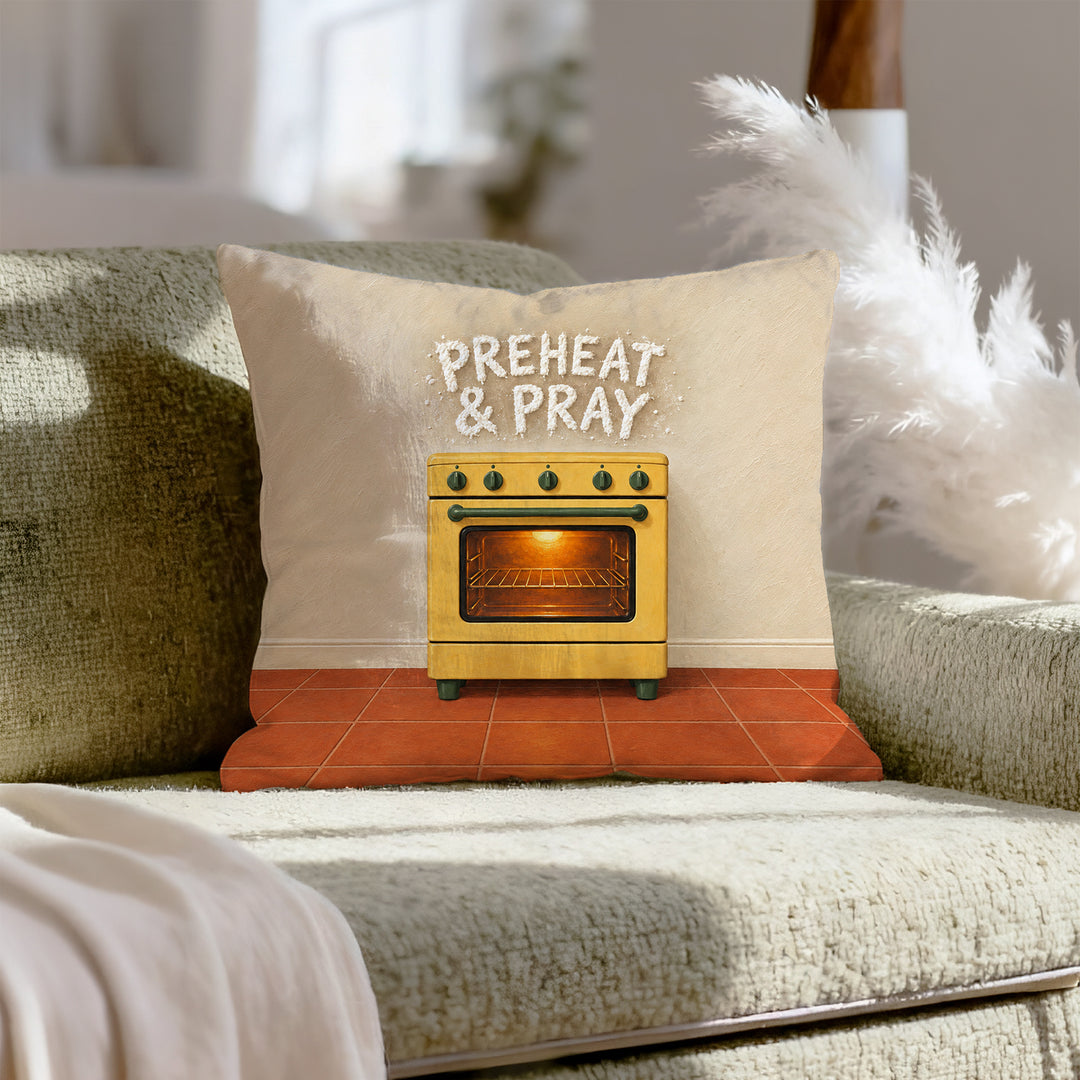 Preheat & Pray – Kitchen Wall Art with Flour Dusted Oven Lettering – Pillow / Cover