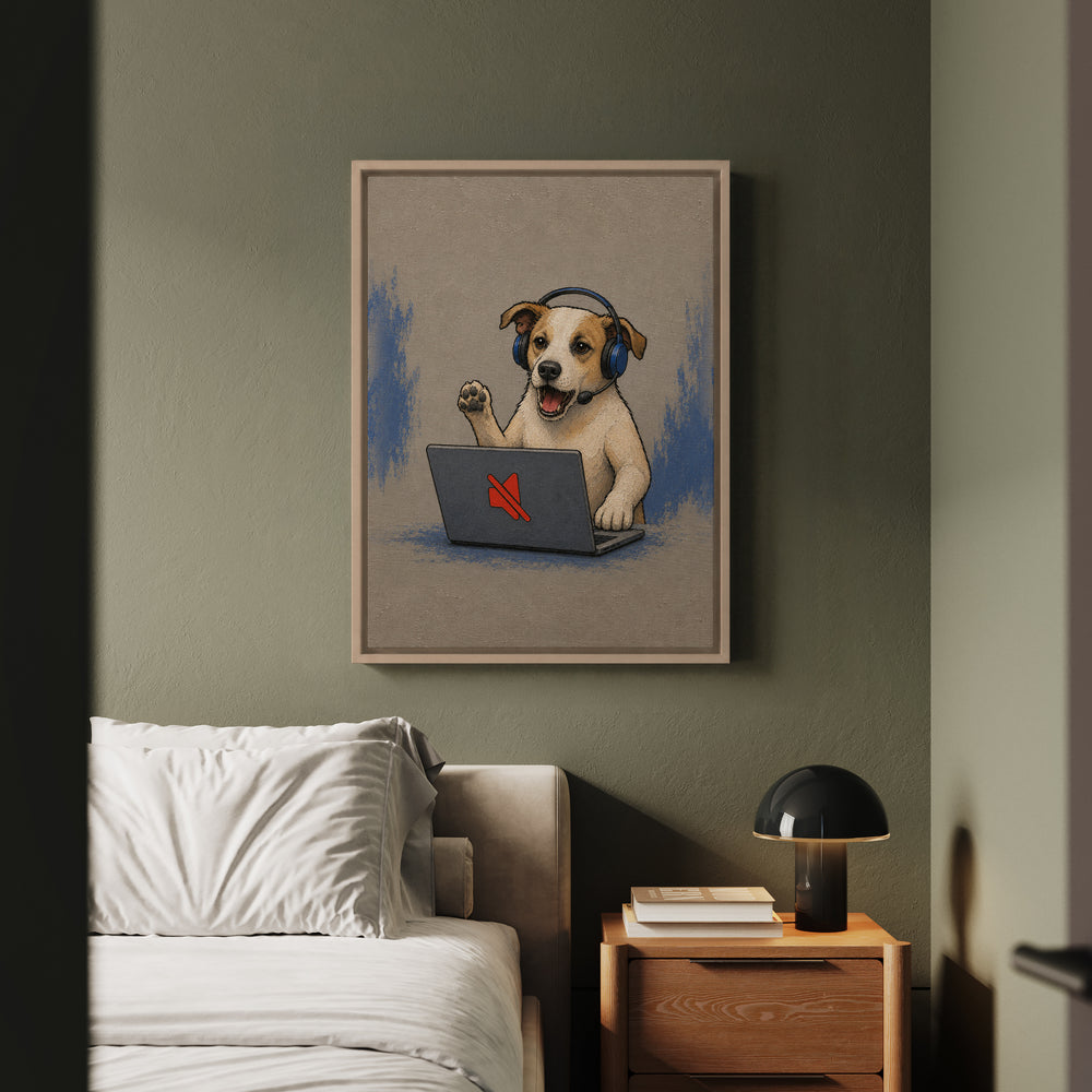 On Mute – Funny Office Decor with a Headset and a Red Icon – Framed Canvas Wall Art