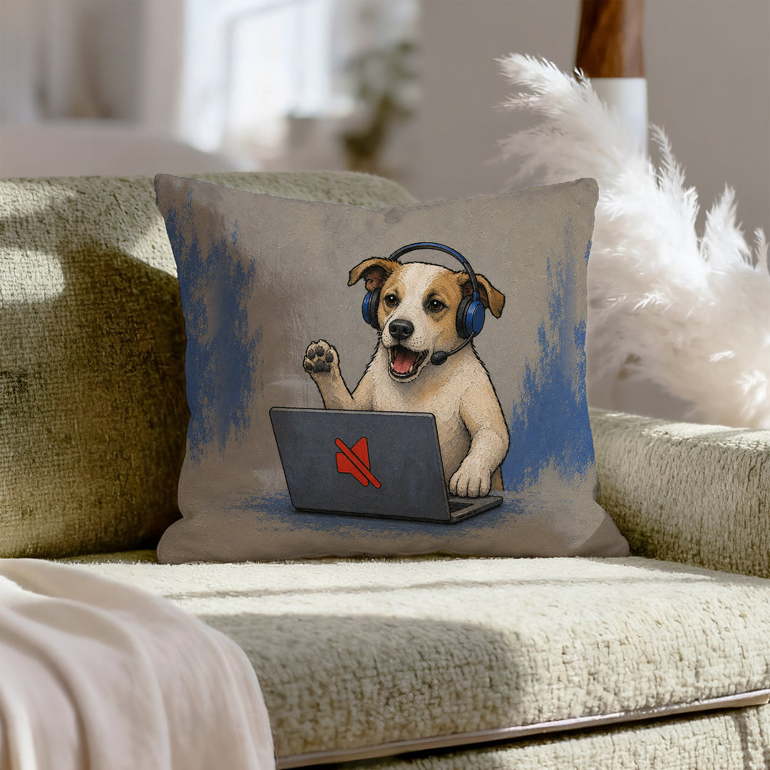 On Mute – Funny Office Decor with a Headset and a Red Icon – Throw Pillow